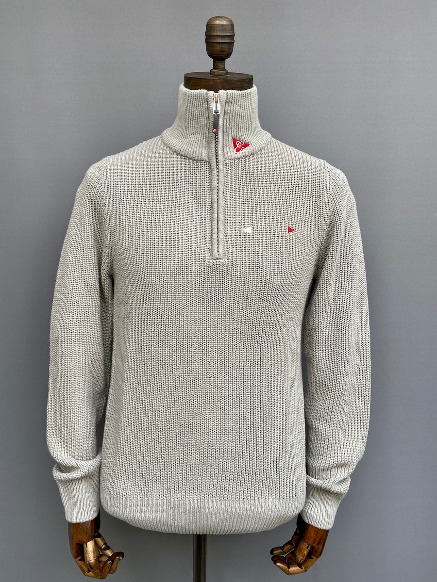 Mens Fisherman Rib Zip Sweater Navy and Stone