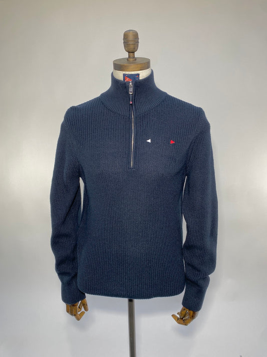 Mens Fisherman Rib Zip Sweater Navy and Stone